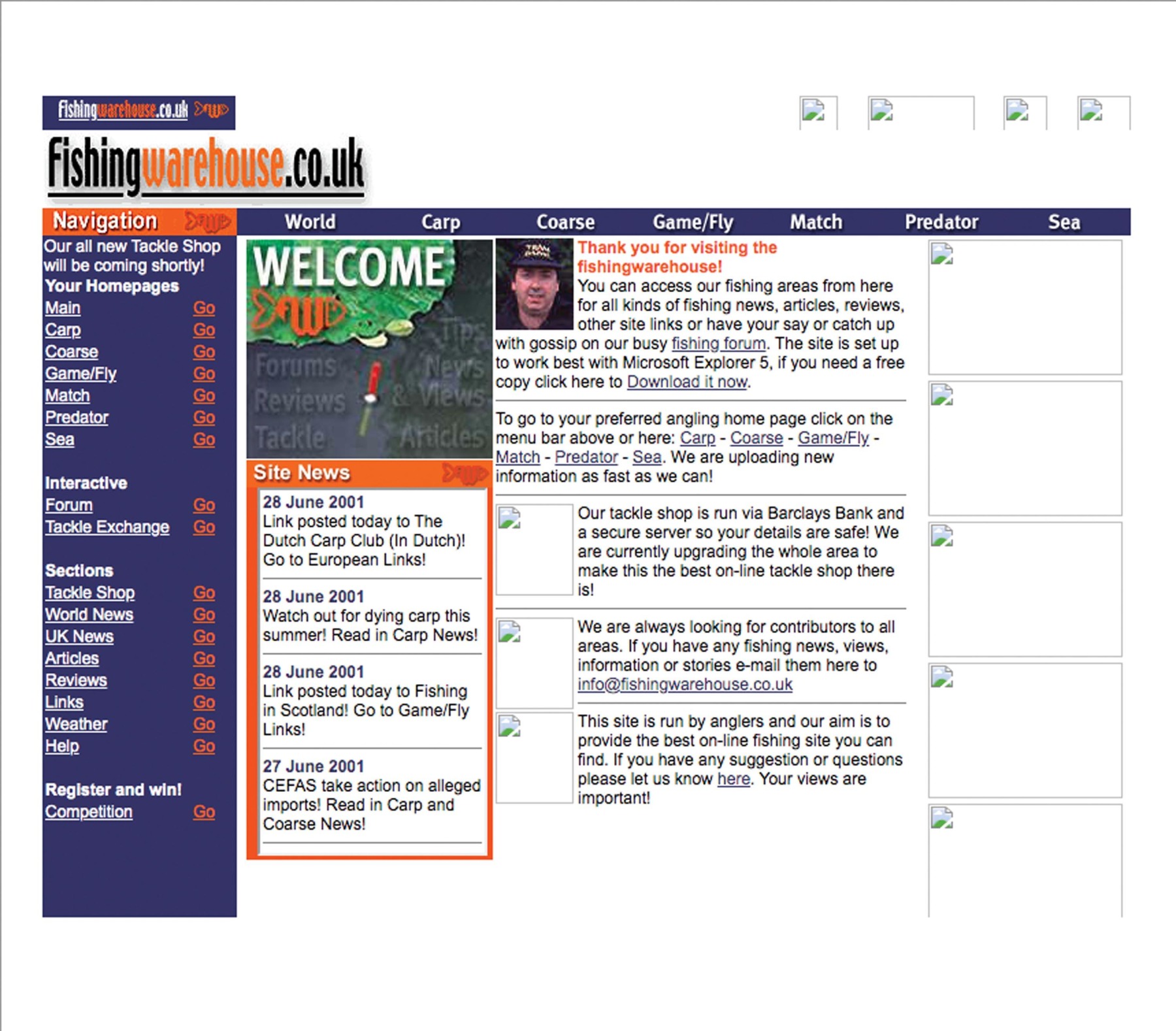 The earliest screenshot we could get of Fishingwarehouses’ homepage in 2001