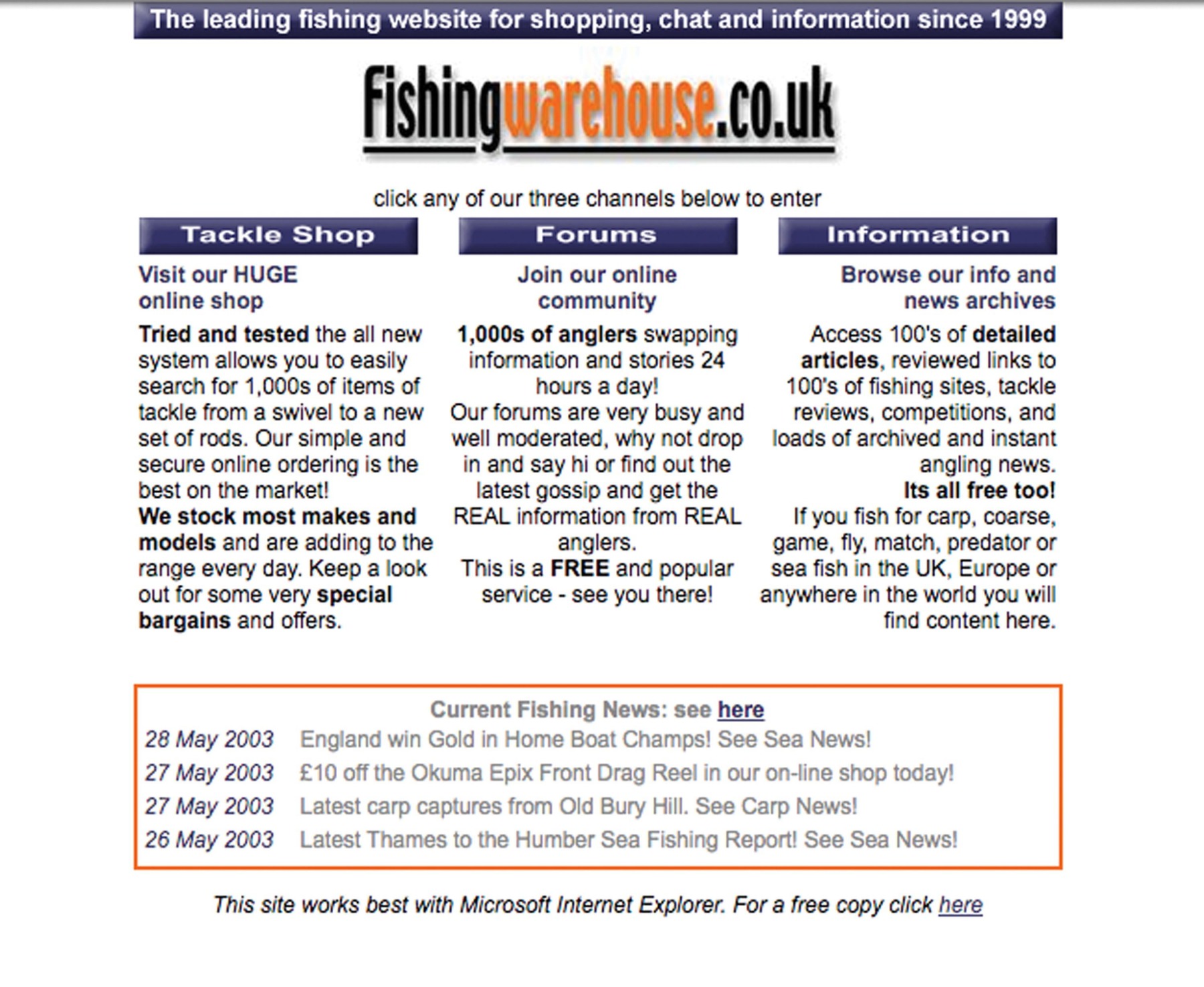 Circa 2003 and the three main sections of the site: the online shop, forums and articles
