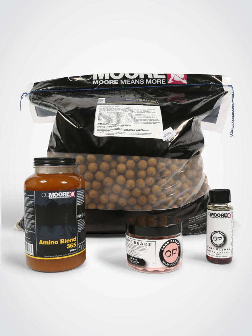 CC Moore 10kg Live System, CC Moore Amino Blend 365, CC Moore Carp Freaks Pink or White 12mm Pop-Ups, CC Moore 50ml CF1 Booster Liquid.