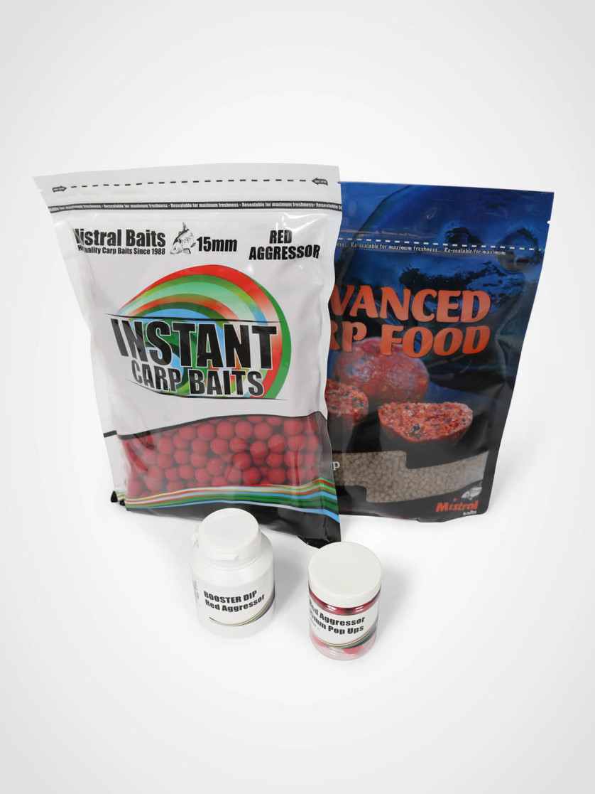 Mistral Baits Red Aggressor Pack: 1kg 15mm Shelf-life Boilies, 900g Pellet, 1 x Dip & 1 x 15mm Pop-up