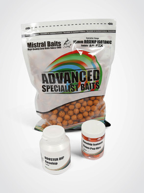 Mistral Baits Rosehip Isotonic Pack: 1kg 15mm Boilies, Dip & 15mm Pop-ups