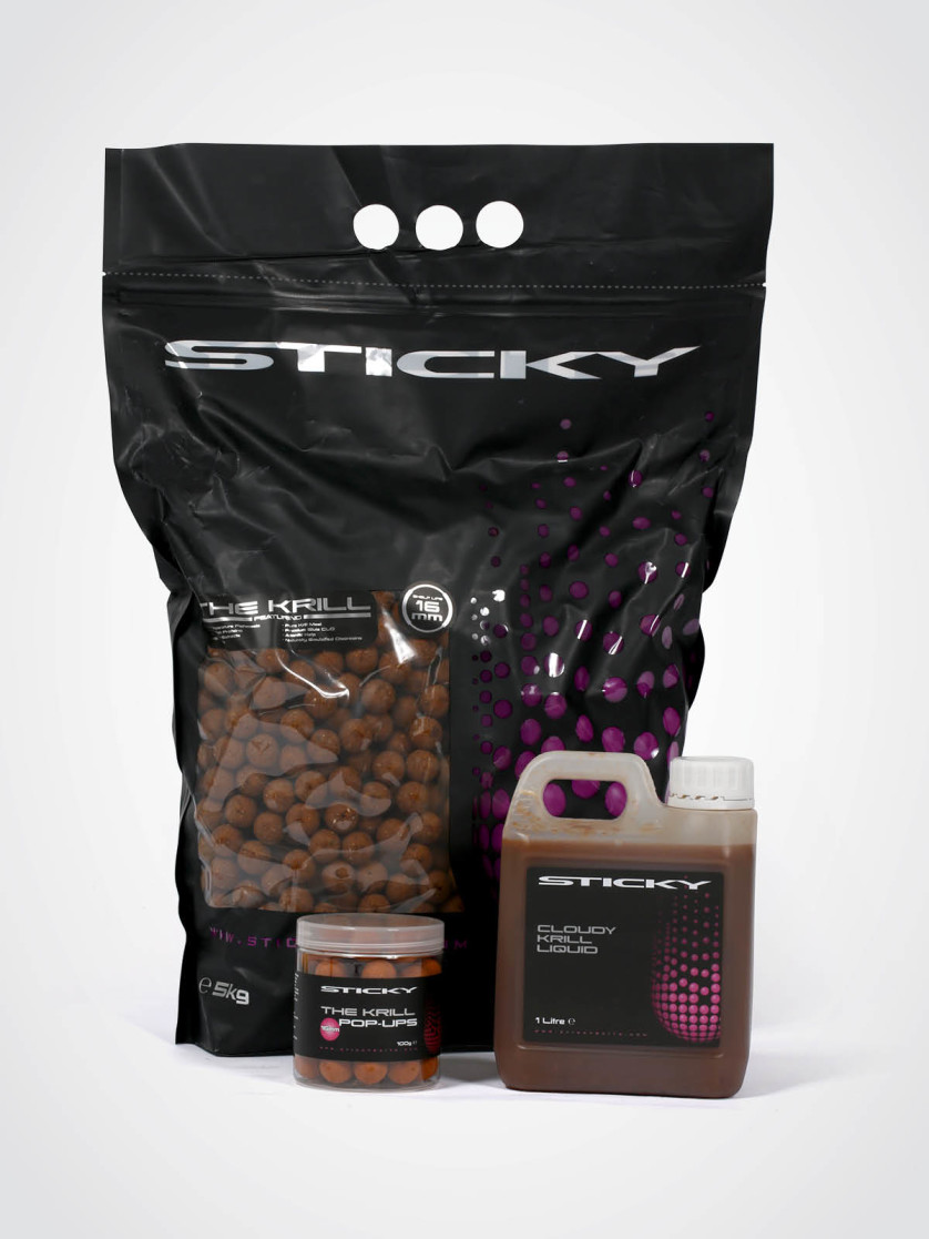 Sticky Baits: 5kg Krill 16mm Shelf-life Boilies, Krill Cloudy Liquid, Krill 16mm Pop-ups