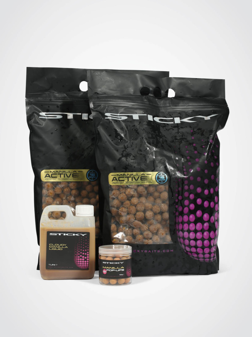 Sticky Baits Active Manilla Pack: 10kg 16mm Frozen Boilies, 1ltr Cloudy Liquid, 1 x 16mm Pop-ups