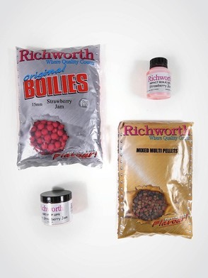 Richworth Strawberry Jam Pack - 1kg 15mm Shelf-life Boilies, 900g Pellet, 1 x Dip, 1 x Pop-up
